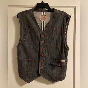 Rare Vtg 90s Y2K Ambiguous Industries Skate Brand Denim Vest Dark Gray Red USA